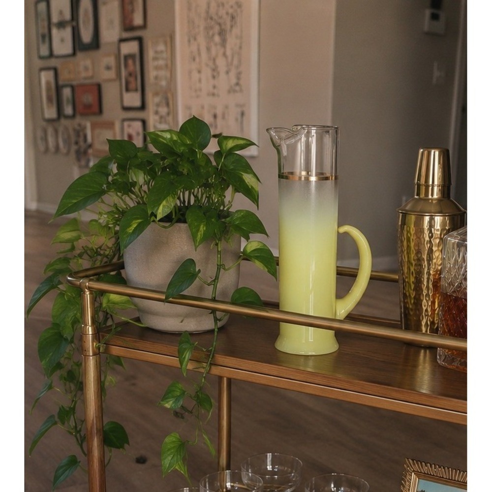 West Virginia Glass Blendo MCM Yellow Frosted Ombre Cocktail Pitcher Gold Rim